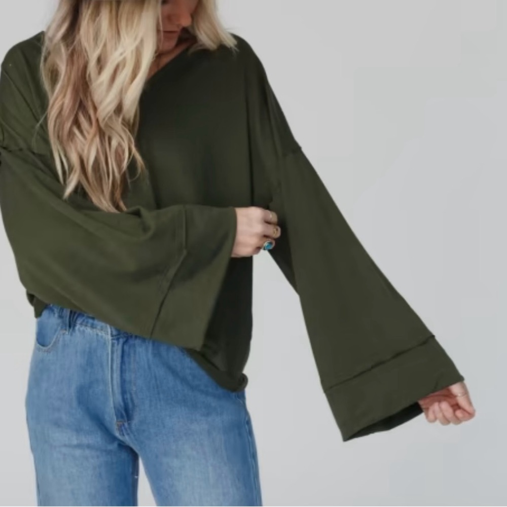Three Bird Nest Olive Green Bell Sleeve Top